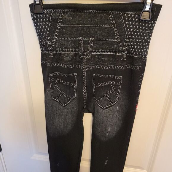 Floral Pearl Embellished Denim Color Distressed Jeggings Leggings - Picture 7 of 8